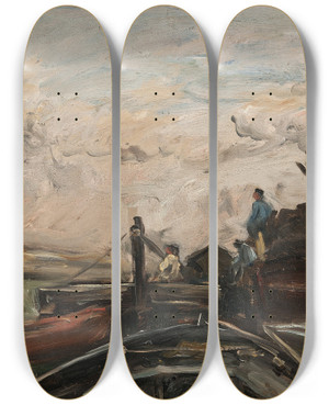 Triptych art skateboard deck of Charles Franois Daubigny Barges On A River by Charles Francois Daubigny (1817-1878)