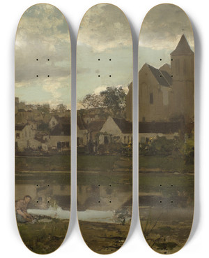 Triptych art skateboard deck of Jacob Maris View At Montignysurloing by Jacob Maris (1837-1899)