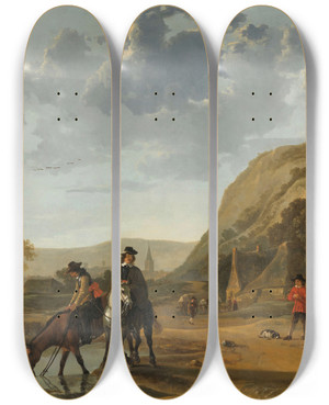 Triptych art skateboard deck of Aelbert Cuyp River Landscape With Riders by Aelbert Cuyp (1620-1691)