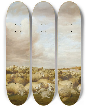 Triptych art skateboard deck of Thomas Sidney Cooper April Showers by Thomas Sidney Cooper (1803-1902)