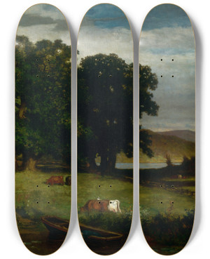 Triptych art skateboard deck of Edward Mitchell Bannister Oak Trees by Edward Mitchell Bannister (1828-1901)