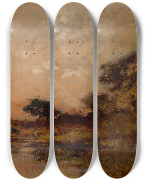 Triptych art skateboard deck of Thodore Rousseau Tang Au Crpuscule by Theodore Rousseau (1812-1867)
