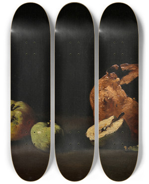 Triptych art skateboard deck of Thodule Ribot Still Life With Apples And A Pomegranate by Theodule Ribot (1823-1891)