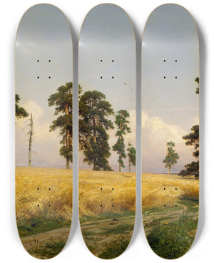 Triptych art skateboard deck of Ivan Ivanovich Shishkin Rye Fields by Ivan Ivanovich Shishkin (1832-1898)