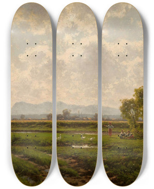 Triptych art skateboard deck of Aleksander Swieszewski Landscape From South Tyrol by Aleksander Swieszewski (1839-1895)