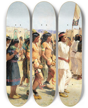 Triptych art skateboard deck of Joseph Henry Sharp The Harvest Dance by Joseph Henry Sharp (1859-1953)