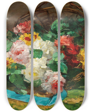 Triptych art skateboard deck of Georges Jeannin Still Life With Roses And A Hat by Georges Jeannin (1841-1925)