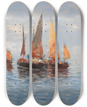 Triptych art skateboard deck of Hans Johann Wagner Fischerboote by Hans Johann Wagner (1866-1940)