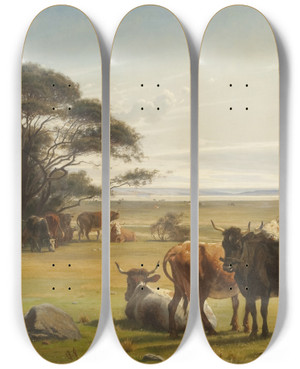 Triptych art skateboard deck of Otto Haslund Cows In A Meadow by Otto Haslund (1842-1917)