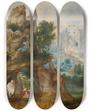 Triptych art skateboard deck of Herri Met De Bles An Extensive Rocky Landscape With The Flight Into Egypt by Herri met de Bles (1510-1572)