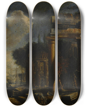 Triptych art skateboard deck of Niccol Codazzi Capriccio by Niccolo Codazzi (1642-1693)