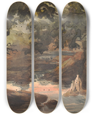 Triptych art skateboard deck of Thomas Sully Two Figures In Stream Bordered By Large Trees by Thomas Sully (1783-1872)