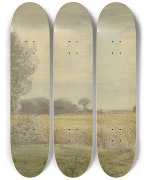 Triptych art skateboard deck of Peter Burnitz Cornfield In The Summer by Peter Burnitz (1824-1886)