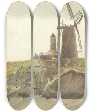 Triptych art skateboard deck of Thomas Creswick Landscape With Windmill by Thomas Creswick (1811-1869)