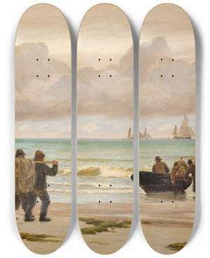 Triptych art skateboard deck of Carl Locher Setting Sail by Carl Locher (1851-1915)