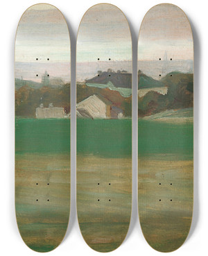 Triptych art skateboard deck of Egon Schiele Wiese Mit Dorf Im Hintergrund Ii by Egon Schiele (1890-1918)