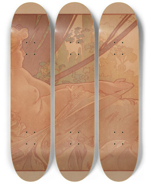 Triptych art skateboard deck of Alphonse Mucha Dusk by Alphonse Mucha (1860-1939)