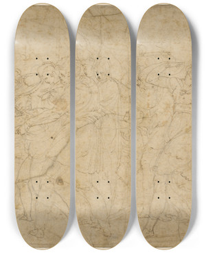 Triptych art skateboard deck of Battista Franco En Bacchisk Procession by Battista Franco (1510-1561)