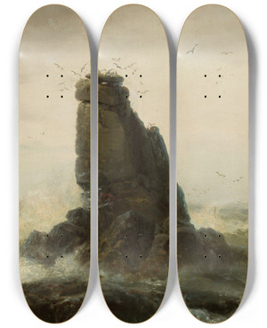 Triptych art skateboard deck of Vilhelm Melbye Marine Landscape With Sail Boats by Vilhelm Melbye (1824-1882)