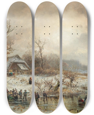 Triptych art skateboard deck of Adolf Stademann Winter Amusements In The Setting Sun by Adolf Stademann (1824-1895)