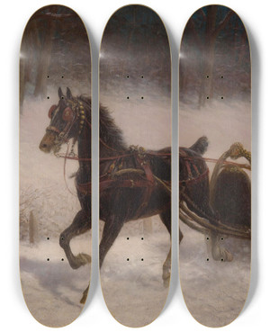 Triptych art skateboard deck of Jan Van Chelminski A Sleigh Ride by Jan Van Chelminski (1851-1925)