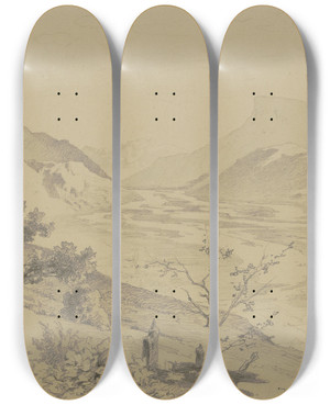 Triptych art skateboard deck of Karl Friedrich Harveng Weites Gebirgstal Mit Flulufen by Karl Friedrich Harveng (1832-1874)