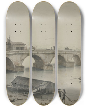 Triptych art skateboard deck of Jeanjacques De Boissieu Vue Du Pont De La Guillotire Lyon_2 by Jean-Jacques de Boissieu (1736-1810)