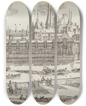 Triptych art skateboard deck of Jean Chaufourier Castle On A River by Jean Chaufourier (1679-1757)