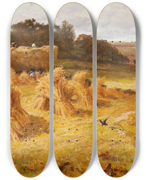 Triptych art skateboard deck of John Horace Hooper Cornfields Near Hastings by John Horace Hooper (1851-1906)