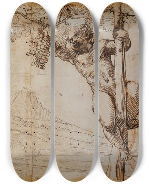 Triptych art skateboard deck of Annibale Carracci Two Young Satyrs Picking Grapes by Annibale Carracci (1560-1609)