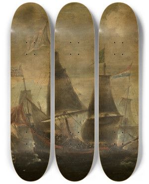 Triptych art skateboard deck of Aert Anthonisz Sea Battle_2 by Aert Anthonisz (1579-1620)