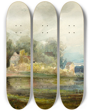 Triptych art skateboard deck of Carl Blechen Teich Mit Wald Und Husern by Carl Blechen (1798-1840)
