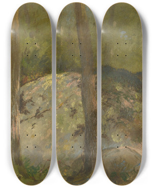 Triptych art skateboard deck of John Ferguson Weir Forestscene_1 by John Ferguson Weir (1841-1926)