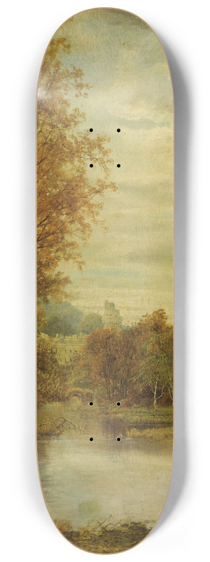 Alfred Augustus Glendening - Autumn Landscape With Pond And Castle Tower 8.25 inch art skate deck