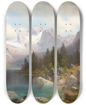 Triptych art skateboard deck of Carl Millner View On Mount Zugspitze And Lake Eibsee by Carl Millner (1825-1895)