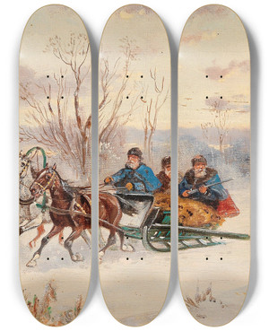 Triptych art skateboard deck of Alfred Steinacker Winter Ride by Alfred Steinacker (1838-1914)