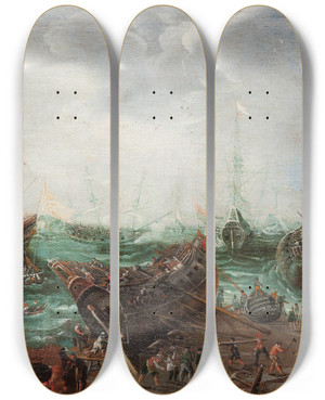 Triptych art skateboard deck of Adam Willaerts Harbour Scene by Adam Willaerts (1577-1664)