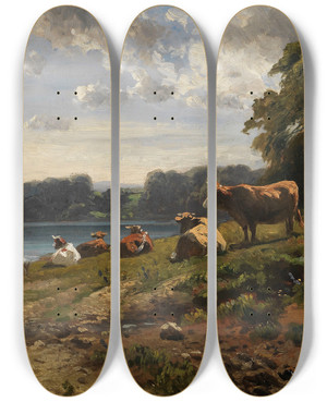 Triptych art skateboard deck of Friedrich Voltz Khe Am Seeufer by Friedrich Voltz (1817-1886)