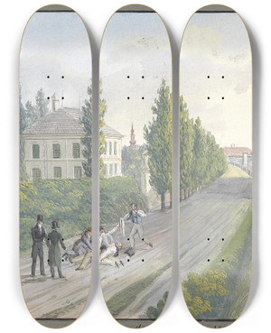 Triptych art skateboard deck of Balthasar Wigand Duell Baden by Balthasar Wigand (1771-1846)