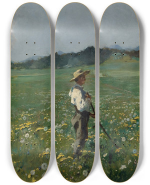 Triptych art skateboard deck of Frank Buchser Reaper In A Flowery Meadow by Frank Buchser (1828-1890)