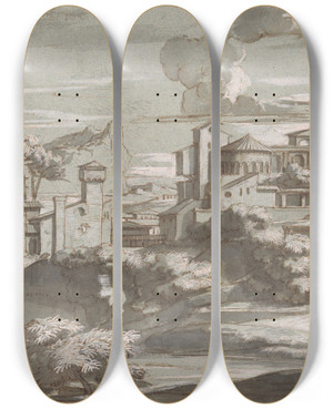 Triptych art skateboard deck of Louis Chron Imaginary Classical Landscape by Louis Cheron (1660-1713)