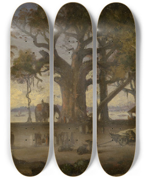 Triptych art skateboard deck of Auguste Borget Moonlit Scene Of Indian Figures And Elephants Among Banyan Trees Upper India Probably Lucknow by Auguste Borget (1809-1877)