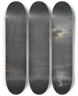 Triptych art skateboard deck of Claudejoseph Vernet Moonlight by Claude Joseph Vernet (1714-1789)