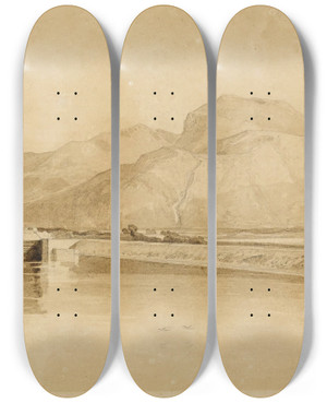 Triptych art skateboard deck of John Sell Cotman A Canal In Normandy by John Sell Cotman (1782-1842)