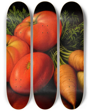 Triptych art skateboard deck of Levi Wells Prentice Still Life With Tomatoes And Carrots by Levi Wells Prentice (1851-1935)