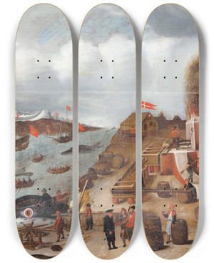 Triptych art skateboard deck of Abraham Speeck Danish Whaling Station by Abraham Speeck (1586)