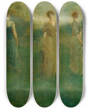 Triptych art skateboard deck of Thomas Wilmer Dewing In The Garden by Thomas Wilmer Dewing (1851-1938)
