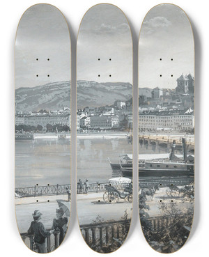 Triptych art skateboard deck of Edward Theodor Compton View Of Geneva by Edward Theodore Compton