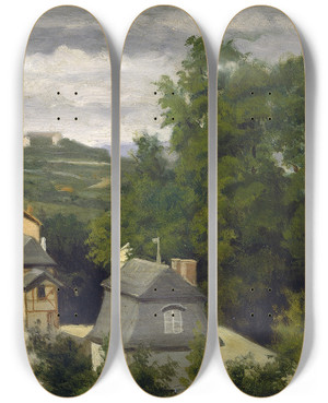 Triptych art skateboard deck of Stanislas Lpine View On The Outskirts Of Caen by Stanislas Lepine (1835-1892)