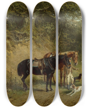 Triptych art skateboard deck of Ludwig Voltz After The Hunt by Ludwig Voltz (1825-1911)
